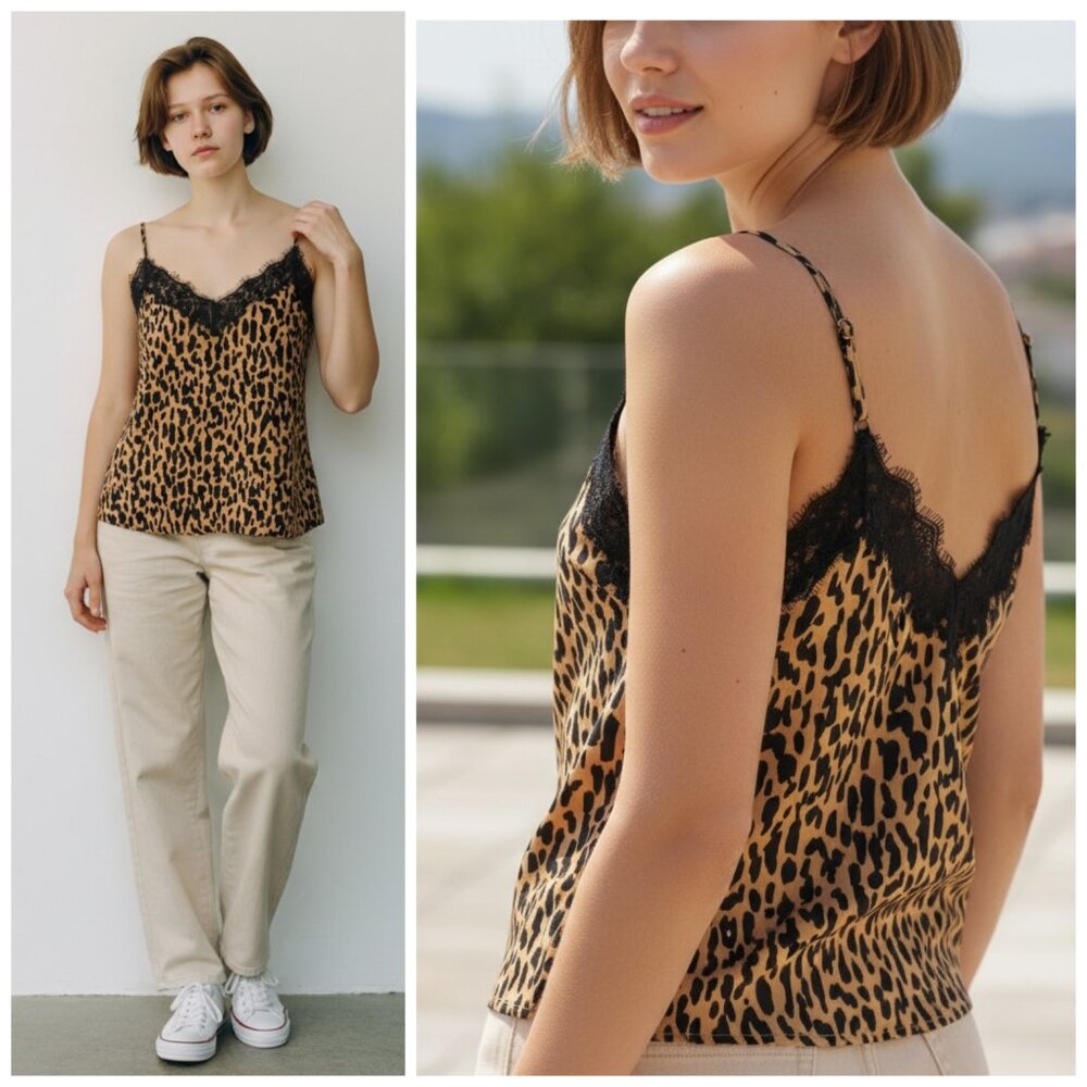 BP. Womens Leopard Print Lace Trim Camisole Top Sz SM Animal Print Cami Top